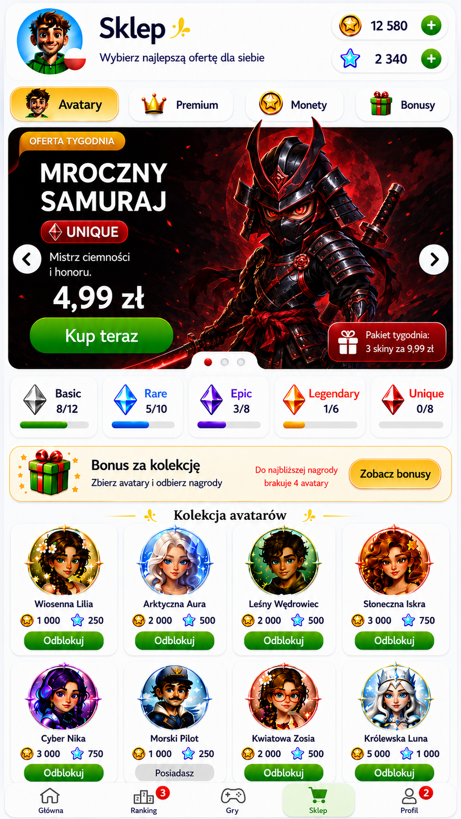Sklep z kolekcją wyjątkowych awatarów w Quiz Legion