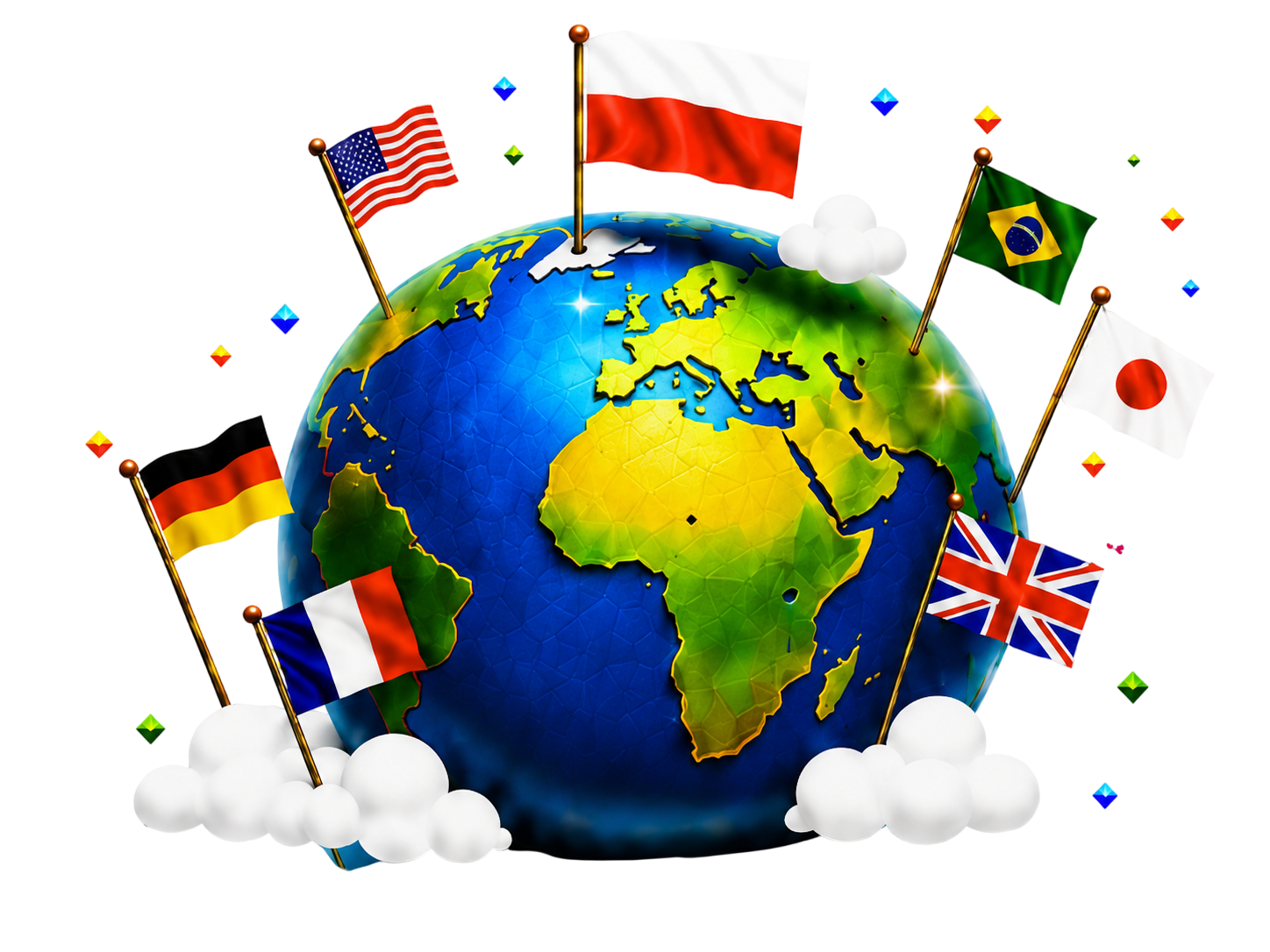 Globus Quiz Legion otoczony flagami Polski, Stanów Zjednoczonych, Brazylii, Japonii, Wielkiej Brytanii, Francji i Niemiec
